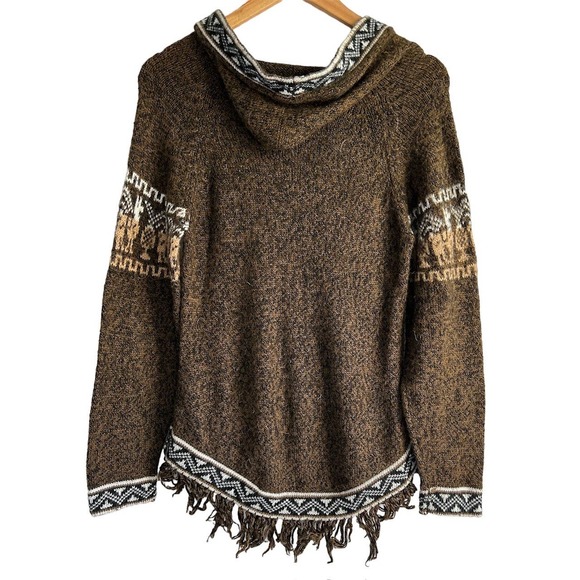 Alpaca Exotic Imports Size‎ Small Handmade Alpaca Hooded Tasseled Sweater Brown - Picture 2 of 8